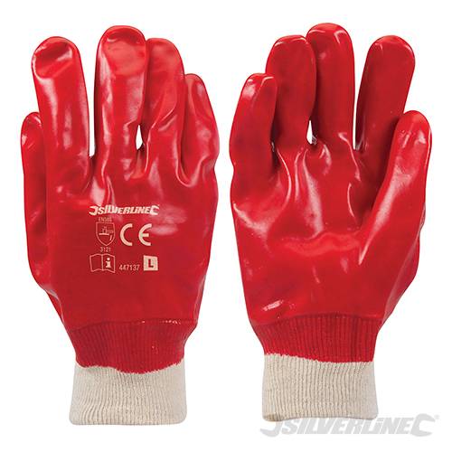 Red PVC Gloves, Knit Wrist, Sz 10 (XL)