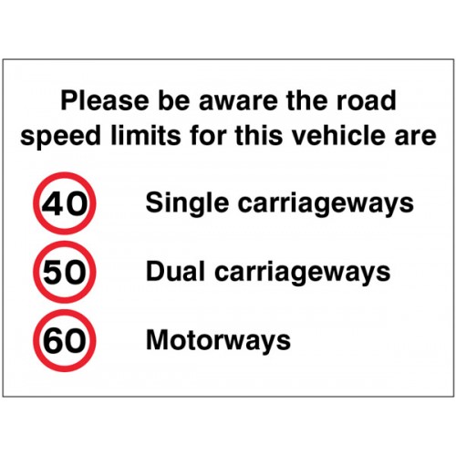 Please Be Aware The Road Speed Limits For This Vehicle Are 40,50,60mph | 200x150mm |  Self Adhesive Vinyl