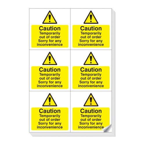 Caution Temporarily Out Of Order Easy Peel Labels Sheet Of 6