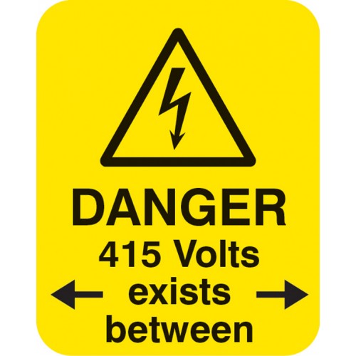 Danger 415 Volts <-exists Between-> Sheet Of 25 Labels 40x50mm