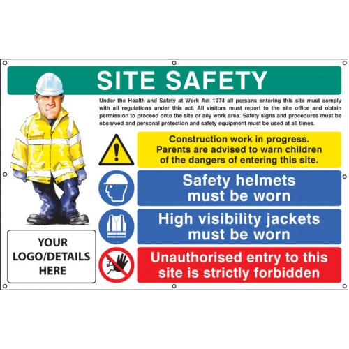 Site Safety, Helmets, Hi-vis, Unauthorised Entry Custom Banner C/w Eyelets 1270x810mm