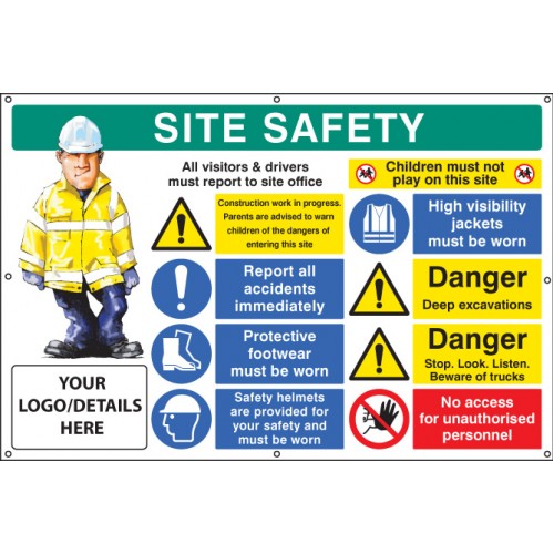 Site Safety, Multi-message, Deep Excavations, Custom Banner C/w Eyelets 1270x810mm