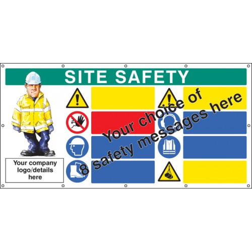 Site Safety, Multi-message, Design Your Own Custom Banner C/w Eyelets 1270x2440mm
