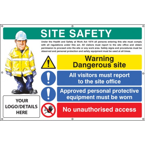 Site Safety, Dangerous Site, Visitors, PPE, Access, Custom Banner C/w Eyelets 1270x810mm