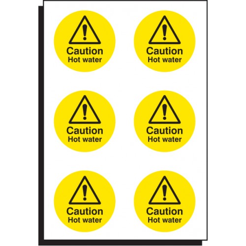 Caution Hot Water 65mm Dia - Sheet Of 6