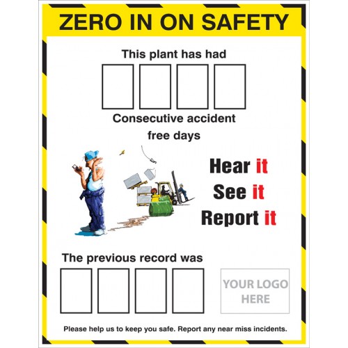 Zero In On Safety Accident Board With 2 Sets Of Numbers C/w Logo 700x900 | 700x900mm |  Miscellaneous