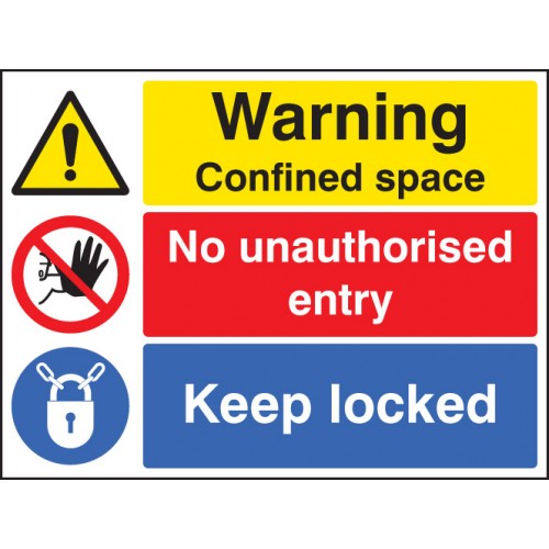 Warning Confined Space No Entry Keep Locked Self Adhesive Vinyl 300x100mm