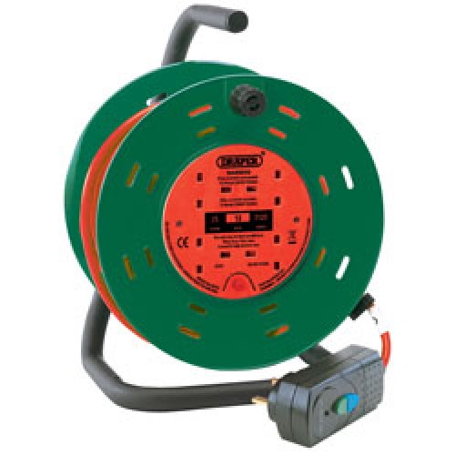 DRAPER 25M 230V Four Socket Garden Cable Reel with RCD Adaptor