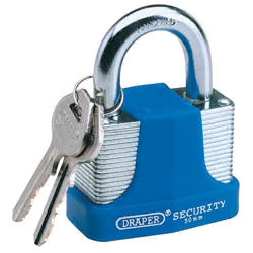 50mm Laminated Steel Padlock and 2 Keys with Hardened Steel Shackle and Bumper